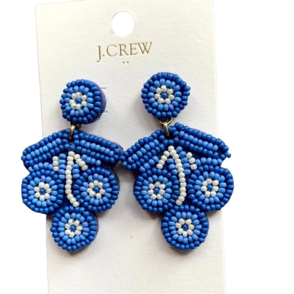 J. Crew Factory Beaded Drop Statement Earrings Blue and White